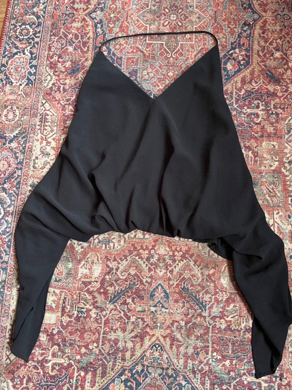 DO+BE Black Backless Halter Top with Tucked Pleat Hem & Sheer Cascade Sides - S